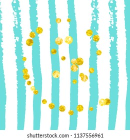Wedding glitter confetti with dots on turquoise stripes. Random falling sequins with glossy sparkles. Design with gold wedding glitter for party invitation, banner, greeting card, bridal shower.