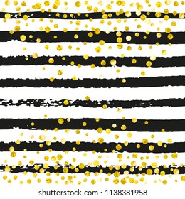 Wedding glitter confetti with dots on black stripes. Falling sequins with glossy sparkles. Design with gold wedding glitter for party invitation, event banner, flyer, birthday card.
