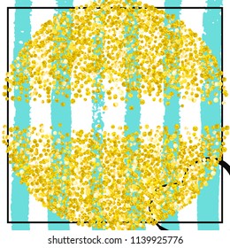 Wedding glitter confetti with dots on turquoise stripes. Falling sequins with glossy sparkles. Design with gold wedding glitter for party invitation, banner, greeting card, bridal shower.
