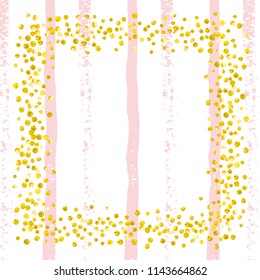 Wedding glitter confetti with dots on pink stripes. Sequins with metallic shimmer and sparkles. Design with gold wedding glitter for party invitation, banner, greeting card, bridal shower.