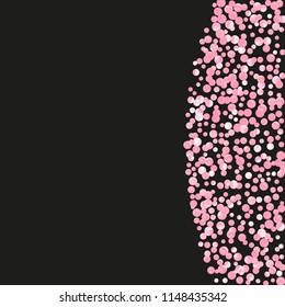 Wedding glitter confetti with dots on isolated backdrop. Sequins with metallic shimmer and sparkles. Design with pink wedding glitter for party invitation, banner, greeting card, bridal shower.