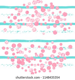 Wedding glitter confetti with dots on turquoise stripes. Falling sequins with shimmer and sparkles. Design with pink wedding glitter for greeting card, bridal shower and save the date invite.