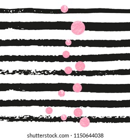 Wedding glitter confetti with dots on black stripes. Falling sequins with shimmer and sparkles. Design with pink wedding glitter for party invitation, bridal shower and save the date invite.