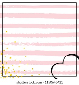 Wedding glitter confetti with dots on pink stripes. Sequins with metallic shimmer and sparkles. Template with gold wedding glitter for party invitation, banner, greeting card, bridal shower.