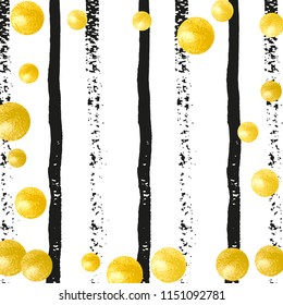 Wedding glitter confetti with dots on black stripes. Falling sequins with shimmer and sparkles. Template with gold wedding glitter for party invitation, banner, greeting card, bridal shower.