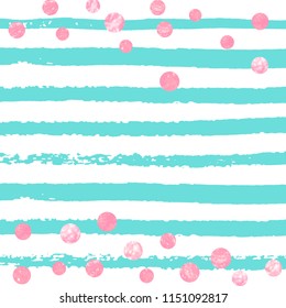 Wedding glitter confetti with dots on turquoise stripes. Falling sequins with shimmer and sparkles. Design with pink wedding glitter for party invitation, event banner, flyer, birthday card.