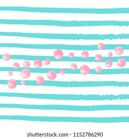 Wedding glitter confetti with dots on turquoise stripes. Sequins with metallic shimmer and sparkles. Design with pink wedding glitter for greeting card, bridal shower and save the date invite.