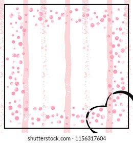 Wedding glitter confetti with dots on pink stripes. Shiny random falling sequins with shimmer. Design with pink wedding glitter for party invitation, banner, greeting card, bridal shower.