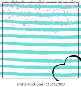 Wedding glitter confetti with dots on turquoise stripes. Shiny falling sequins with shimmer and sparkles. Design with pink wedding glitter for party invitation, bridal shower and save the date invite.