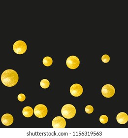Wedding glitter confetti with dots on isolated backdrop. Random falling sequins with metallic shimmer. Design with gold wedding glitter for party invitation, banner, greeting card, bridal shower.