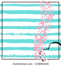 Wedding glitter confetti with dots on turquoise stripes. Falling sequins with glossy sparkles. Design with pink wedding glitter for greeting card, bridal shower and save the date invite.
