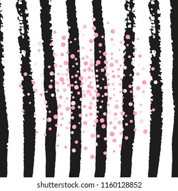 Wedding glitter confetti with dots on black stripes. Random falling sequins with metallic shimmer. Template with pink wedding glitter for party invitation, event banner, flyer, birthday card.