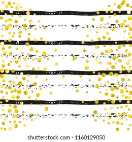 Wedding glitter confetti with dots on black stripes. Falling sequins with shimmer and sparkles. Design with gold wedding glitter for greeting card, bridal shower and save the date invite.