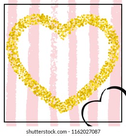 Wedding glitter confetti with dots on pink stripes. Falling sequins with glossy sparkles. Design with gold wedding glitter for party invitation, event banner, flyer, birthday card.