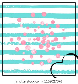 Wedding glitter confetti with dots on turquoise stripes. Falling sequins with shimmer and sparkles. Design with pink wedding glitter for party invitation, banner, greeting card, bridal shower.