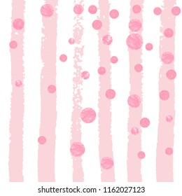 Wedding glitter confetti with dots on pink stripes. Falling sequins with glossy sparkles. Design with pink wedding glitter for party invitation, banner, greeting card, bridal shower.