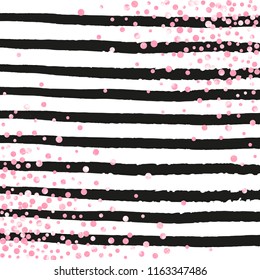 Wedding glitter confetti with dots on black stripes. Shiny random sequins with metallic sparkles. Design with pink wedding glitter for party invitation, event banner, flyer, birthday card.