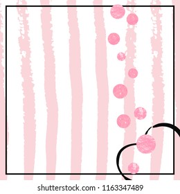 Wedding glitter confetti with dots on pink stripes. Shiny random falling sequins with sparkles. Design with pink wedding glitter for party invitation, event banner, flyer, birthday card.