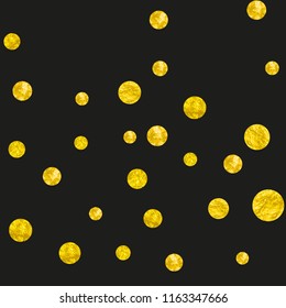 Wedding glitter confetti with dots on isolated backdrop. Shiny falling sequins with shimmer and sparkles. Design with gold wedding glitter for greeting card, bridal shower and save the date invite.