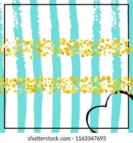 Wedding glitter confetti with dots on turquoise stripes. Shiny random sequins with metallic sparkles. Design with gold wedding glitter for party invitation, event banner, flyer, birthday card.