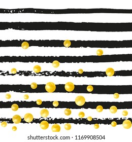 Wedding glitter confetti with dots on black stripes. Shiny random falling sequins with shimmer. Design with gold wedding glitter for party invitation, banner, greeting card, bridal shower.