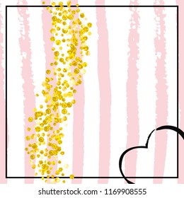 Wedding glitter confetti with dots on pink stripes. Shiny falling sequins with shimmer and sparkles. Design with gold wedding glitter for party invitation, bridal shower and save the date invite.