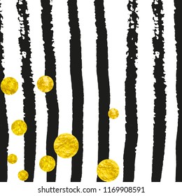 Wedding glitter confetti with dots on black stripes. Random falling sequins with glossy sparkles. Template with gold wedding glitter for party invitation, bridal shower and save the date invite.
