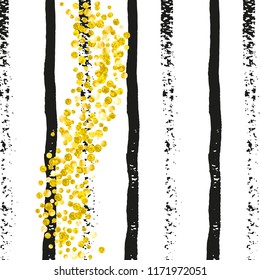 Wedding glitter confetti with dots on black stripes. Shiny random falling sequins with shimmer. Template with gold wedding glitter for party invitation, bridal shower and save the date invite.