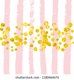 Wedding glitter confetti with dots on pink stripes. Random falling sequins with glossy sparkles. Design with gold wedding glitter for party invitation, event banner, flyer, birthday card.