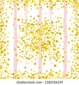Wedding glitter confetti with dots on pink stripes. Shiny random sequins with metallic sparkles. Template with gold wedding glitter for party invitation, bridal shower and save the date invite.