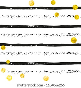 Wedding glitter confetti with dots on black stripes. Falling sequins with metallic shimmer. Template with gold wedding glitter for party invitation, bridal shower and save the date invite.