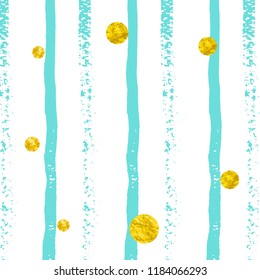 Wedding glitter confetti with dots on turquoise stripes. Shiny falling sequins with shimmer and sparkles. Design with gold wedding glitter for party invitation, banner, greeting card, bridal shower.