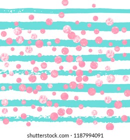 Wedding glitter confetti with dots on turquoise stripes. Falling sequins with glossy sparkles. Design with pink wedding glitter for greeting card, bridal shower and save the date invite.