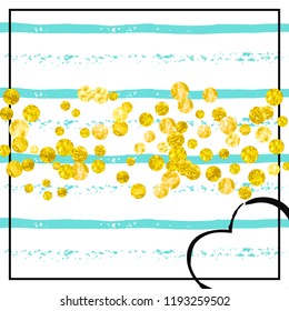 Wedding glitter confetti with dots on turquoise stripes. Sequins with metallic shimmer and sparkles. Design with gold wedding glitter for party invitation, banner, greeting card, bridal shower.