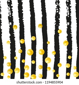 Wedding glitter confetti with dots on black stripes. Random falling sequins with metallic shimmer. Template with gold wedding glitter for party invitation, banner, greeting card, bridal shower.