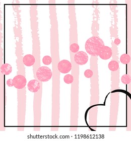 Wedding glitter confetti with dots on pink stripes. Falling sequins with glossy sparkles. Template with pink wedding glitter for party invitation, event banner, flyer, birthday card.