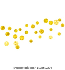 Wedding glitter confetti with dots on isolated backdrop. Shiny random falling sequins with sparkles. Design with gold wedding glitter for party invitation, banner, greeting card, bridal shower.