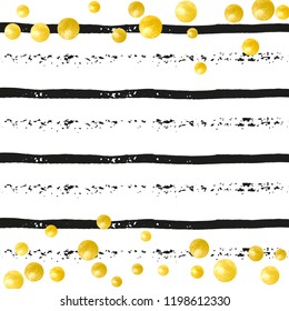Wedding glitter confetti with dots on black stripes. Falling sequins with shimmer and sparkles. Design with gold wedding glitter for party invitation, bridal shower and save the date invite.