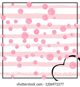 Wedding glitter confetti with dots on pink stripes. Shiny random falling sequins with shimmer. Template with pink wedding glitter for party invitation, banner, greeting card, bridal shower.