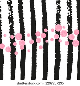 Wedding glitter confetti with dots on black stripes. Random falling sequins with glossy sparkles. Template with pink wedding glitter for greeting card, bridal shower and save the date invite.