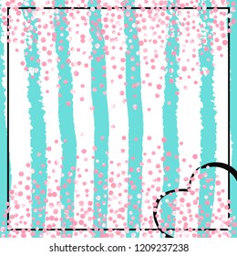 Wedding glitter confetti with dots on turquoise stripes. Random falling sequins with metallic shimmer. Design with pink wedding glitter for greeting card, bridal shower and save the date invite.