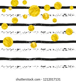 Wedding glitter confetti with dots on black stripes. Shiny random falling sequins with shimmer. Template with gold wedding glitter for party invitation, bridal shower and save the date invite.