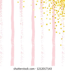 Wedding glitter confetti with dots on pink stripes. Sequins with metallic shimmer and sparkles. Template with gold wedding glitter for greeting card, bridal shower and save the date invite.