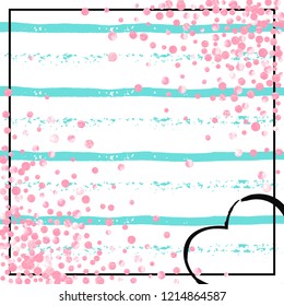 Wedding glitter confetti with dots on turquoise stripes. Falling sequins with glossy sparkles. Design with pink wedding glitter for party invitation, event banner, flyer, birthday card.