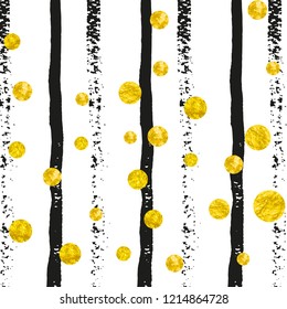 Wedding glitter confetti with dots on black stripes. Sequins with metallic shimmer and sparkles. Design with gold wedding glitter for party invitation, event banner, flyer, birthday card.