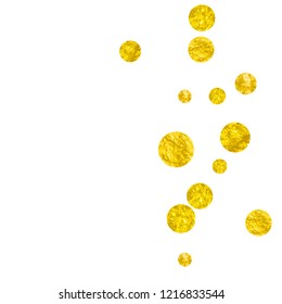 Wedding glitter confetti with dots on isolated backdrop. Random falling sequins with metallic shimmer. Design with gold wedding glitter for party invitation, event banner, flyer, birthday card.