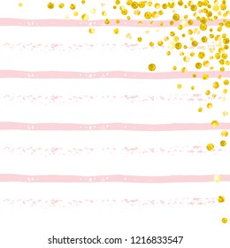 Wedding glitter confetti with dots on pink stripes. Shiny random sequins with metallic sparkles. Template with gold wedding glitter for party invitation, bridal shower and save the date invite.