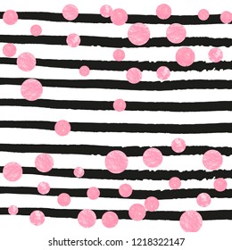 Wedding glitter confetti with dots on black stripes. Shiny random falling sequins with shimmer. Template with pink wedding glitter for party invitation, banner, greeting card, bridal shower.