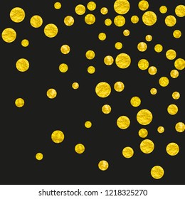 Wedding glitter confetti with dots on isolated backdrop. Falling sequins with glossy sparkles. Design with gold wedding glitter for party invitation, banner, greeting card, bridal shower.