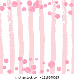 Wedding glitter confetti with dots on pink stripes. Random falling sequins with glossy sparkles. Template with pink wedding glitter for greeting card, bridal shower and save the date invite.